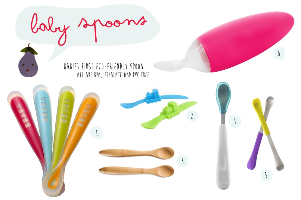   1  - BEABA  First Stage Silicone Spoons  [beabausa.com]   2  - Oogaa  Silicone Train Spoon s [oogaa.com]   3  - Bambu  Baby