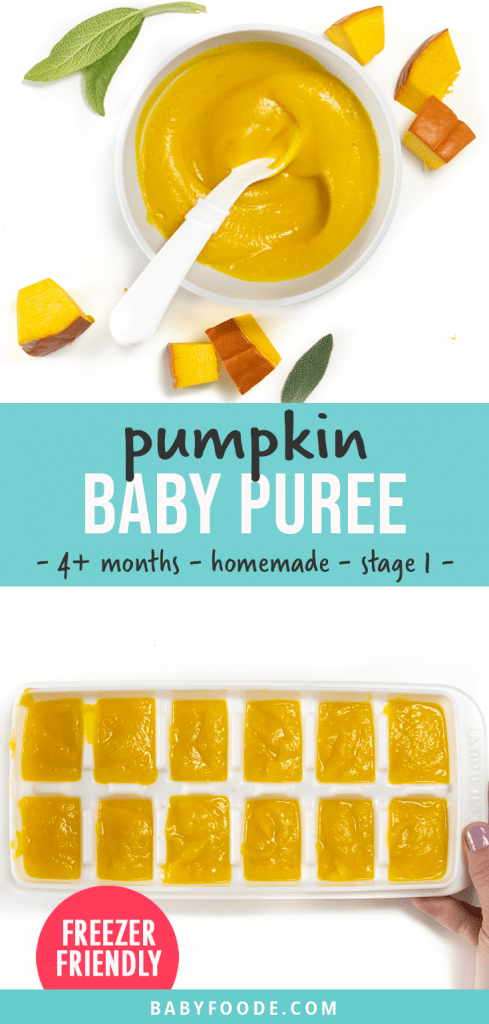 Graphic for post - pumpkin baby food - 4t months - homemade - stage 1. Images of a small bowl filled with a creamy pumpkin puree and a tray of puree ready to be frozen.