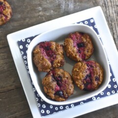 toddler peanut butter and jelly mini muffins in a bowl.