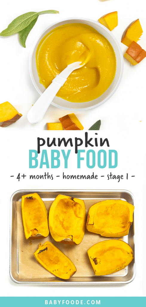 Graphic for post - pumpkin baby food - 4t months - homemade - stage 1. Images of a small bowl filled with a creamy pumpkin puree and a tray of roasted pumpkin.