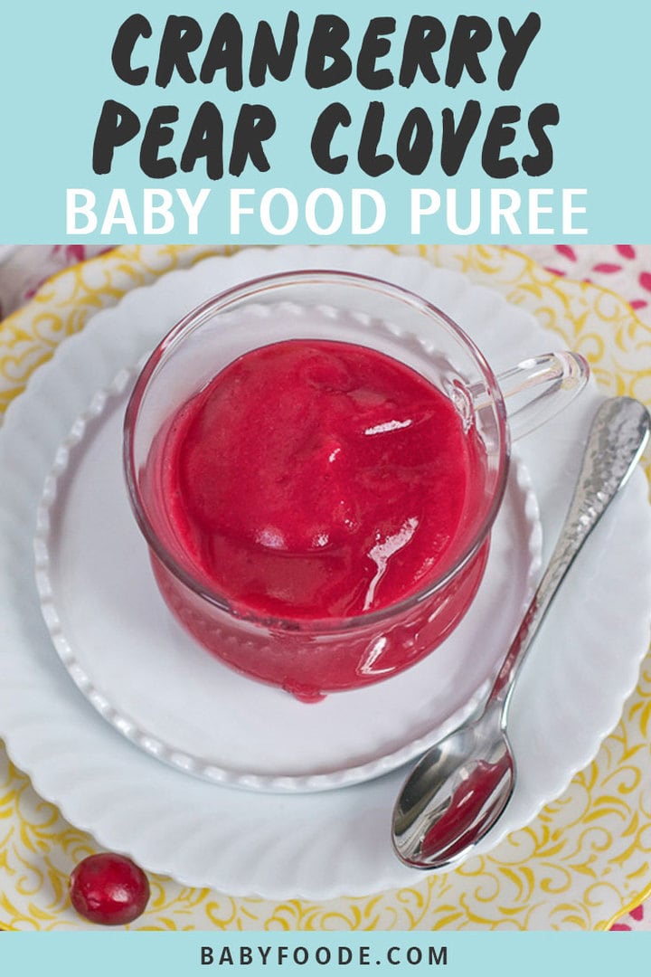 Graphic for Post - Cranberry, Pear and Cloves Baby Food Puree. Image is of a clear jar filled with a cranberry baby puree. 