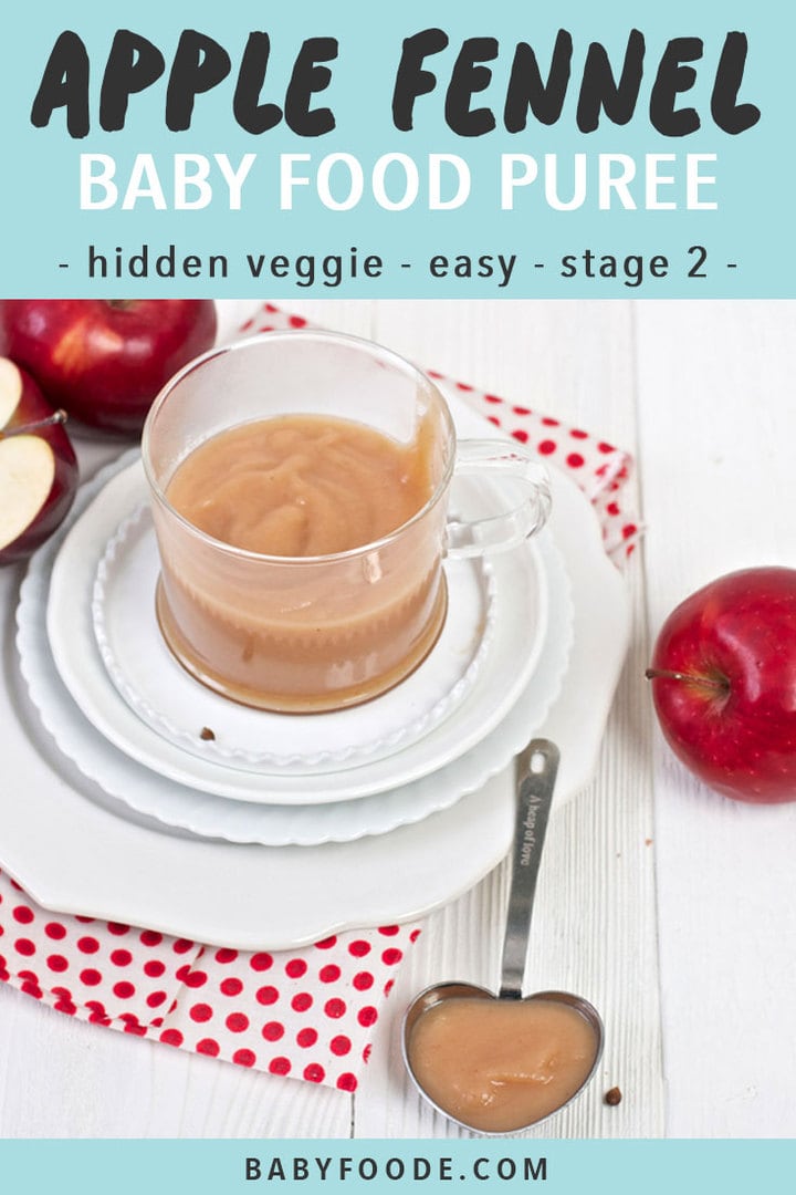 Graphic for Post - Apple Fennel Baby Food Puree.- hidden veggie, easy, stage 2. Image of a clear bowl filled with baby food puree with produce surrounding it and a spoon in front with a bite for baby. 