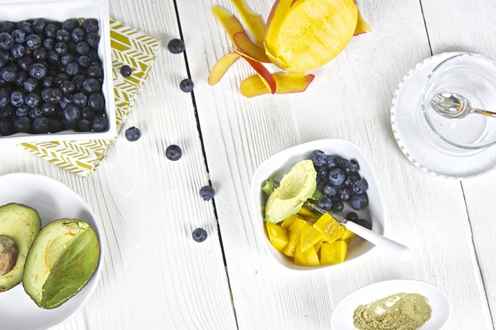 Spread of produce on white background.