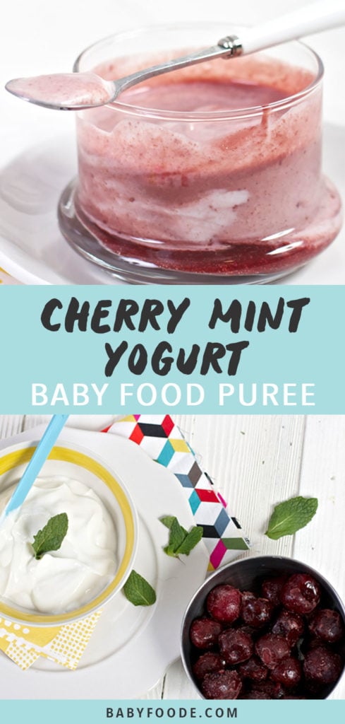 Graphic for Post - Cherry Mint Yogurt Baby Food Puree with an image of a clear jar filled with a cherry puree and yogurt as well as am image of a spread of produce on a white board.
