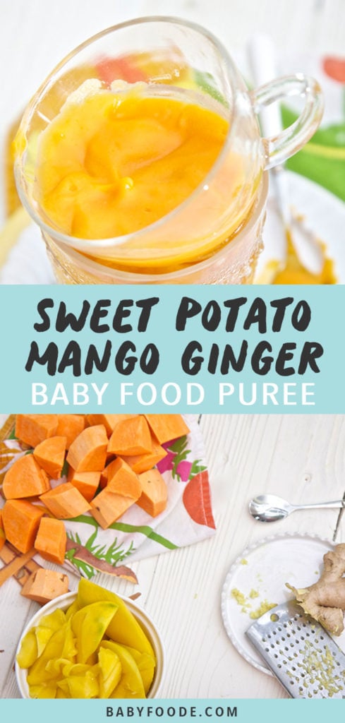 Graphic for Post - Sweet Potato, Mango and Ginger Baby Food Puree with image of cups stacked on top of each other filled with puree as well as an image of the produce spread on a white background.