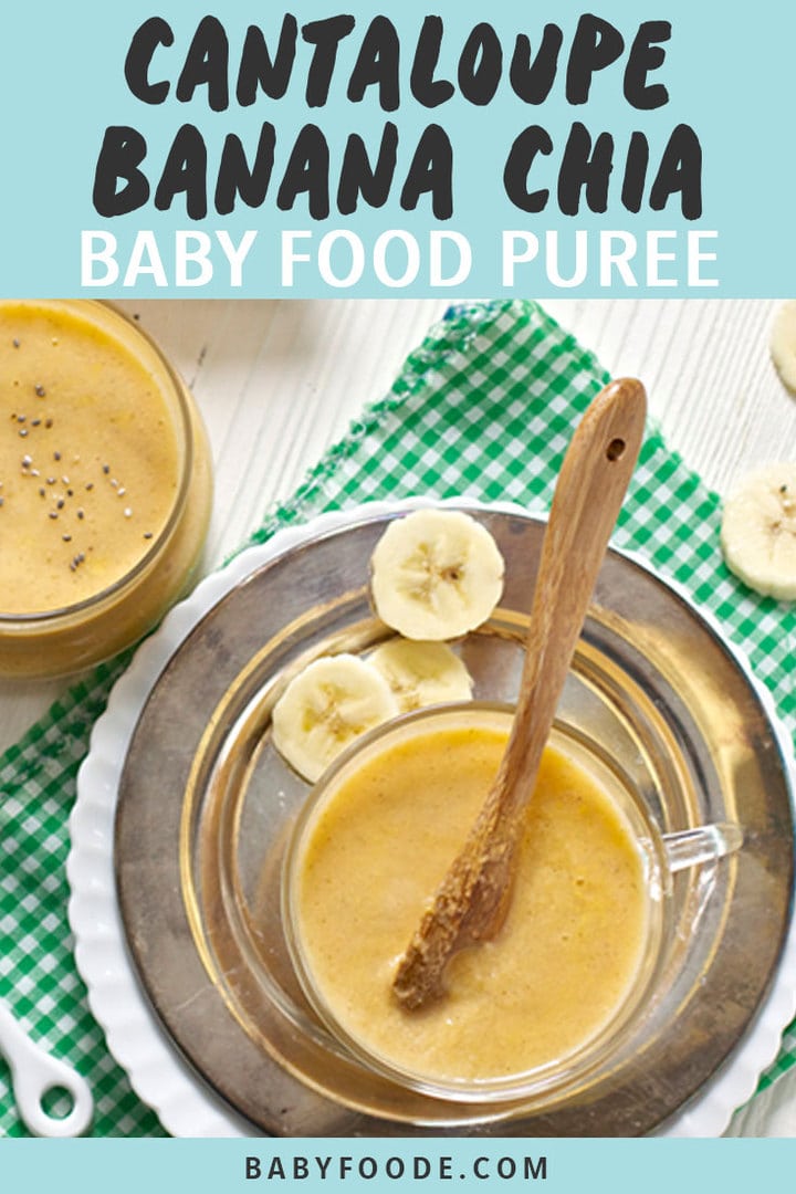 Graphic for Post - Cantaloupe Banana Chia Baby Food Puree. Image is of small clear bowl filled with a homemade baby food puree.
