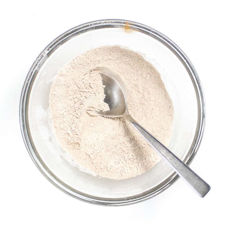 Spoon resting in a bowl of dry pancake ingredients.