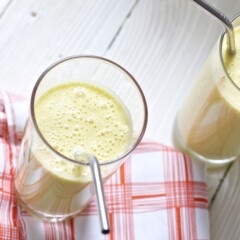 2 glasses of a tropical smoothie for toddler.