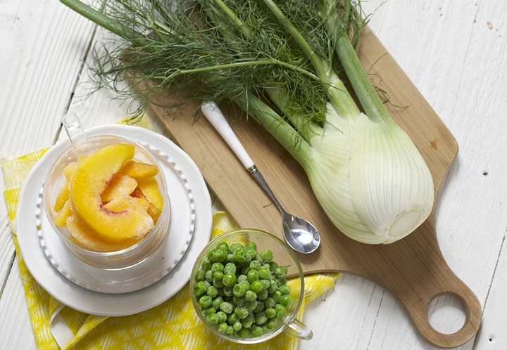 Scattering of produce on a cutting board.