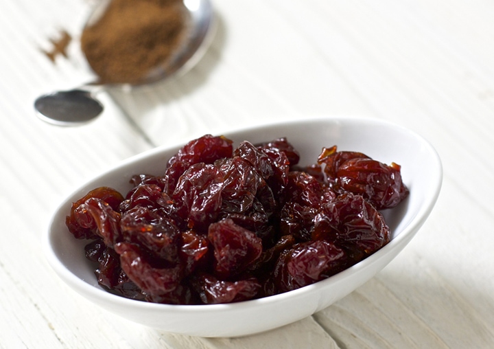 Small bowl of dried cherries.
