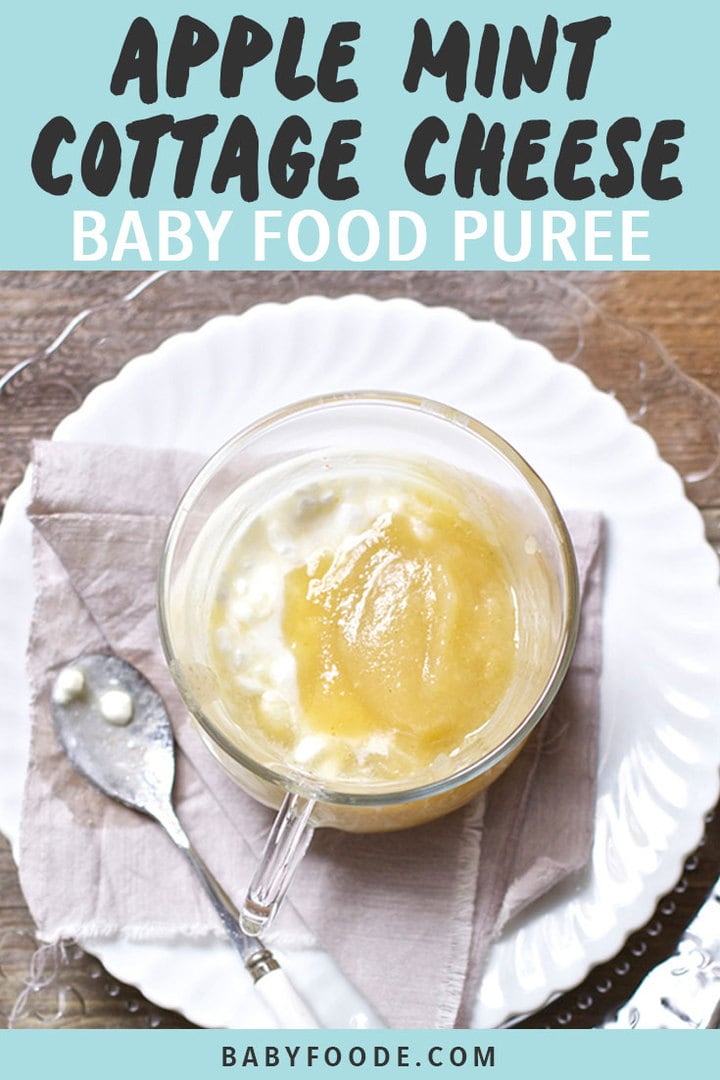 Graphic for post- apple mint cottage cheese baby food puree. Clear bowl filled with apple puree and cottage cheese.