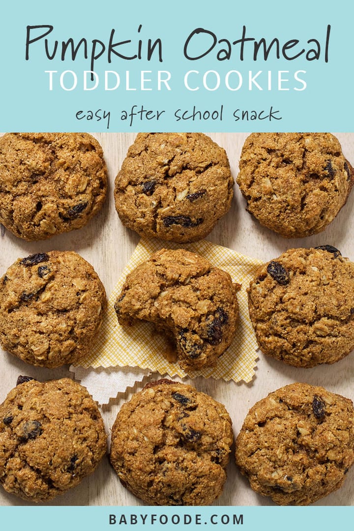 Pinterest image for toddler and kid friendly pumpkin oatmeal cookies.