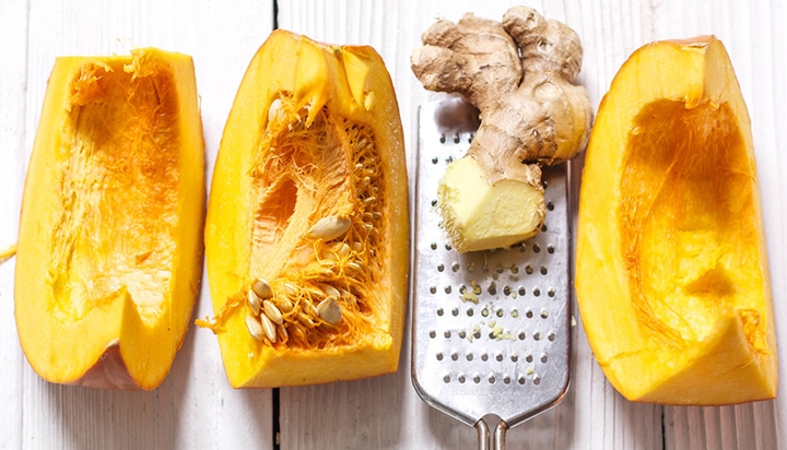 Graphic for Post - Pumpkin Chicken Baby Food Puree - high-protein- nutrient dense. Images are of a close up of a clear bowl filled with creamy homemade puree