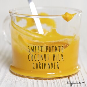 clear cup filled with a creamy sweet potato baby food puree with a white spoon coming out of it.
