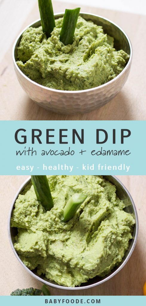A bowl of toddler and kid friendly avocado and edamame dip.