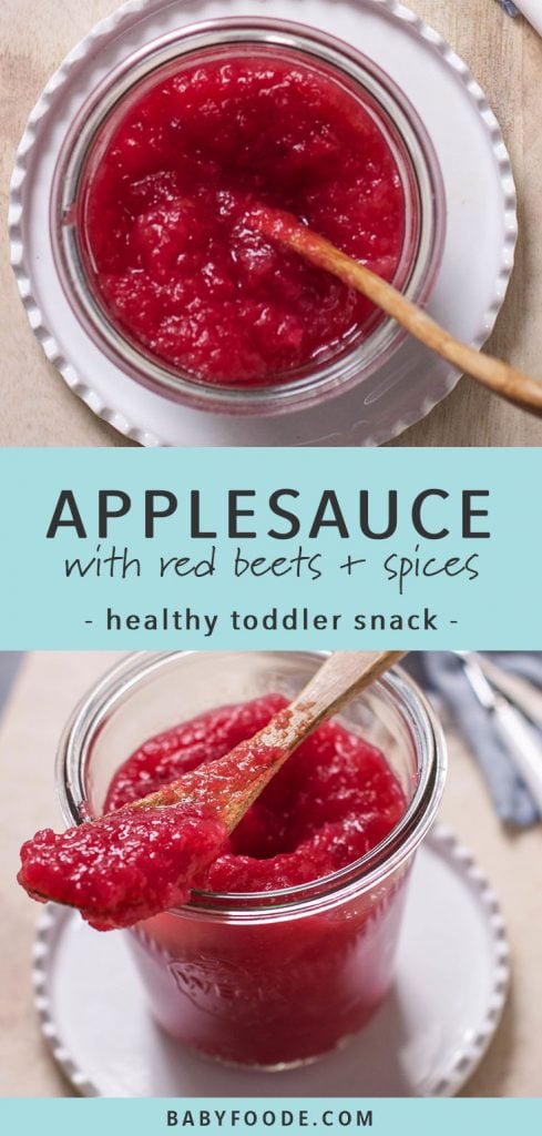 A glass jar of red beet applesauce with a small wood spoon.