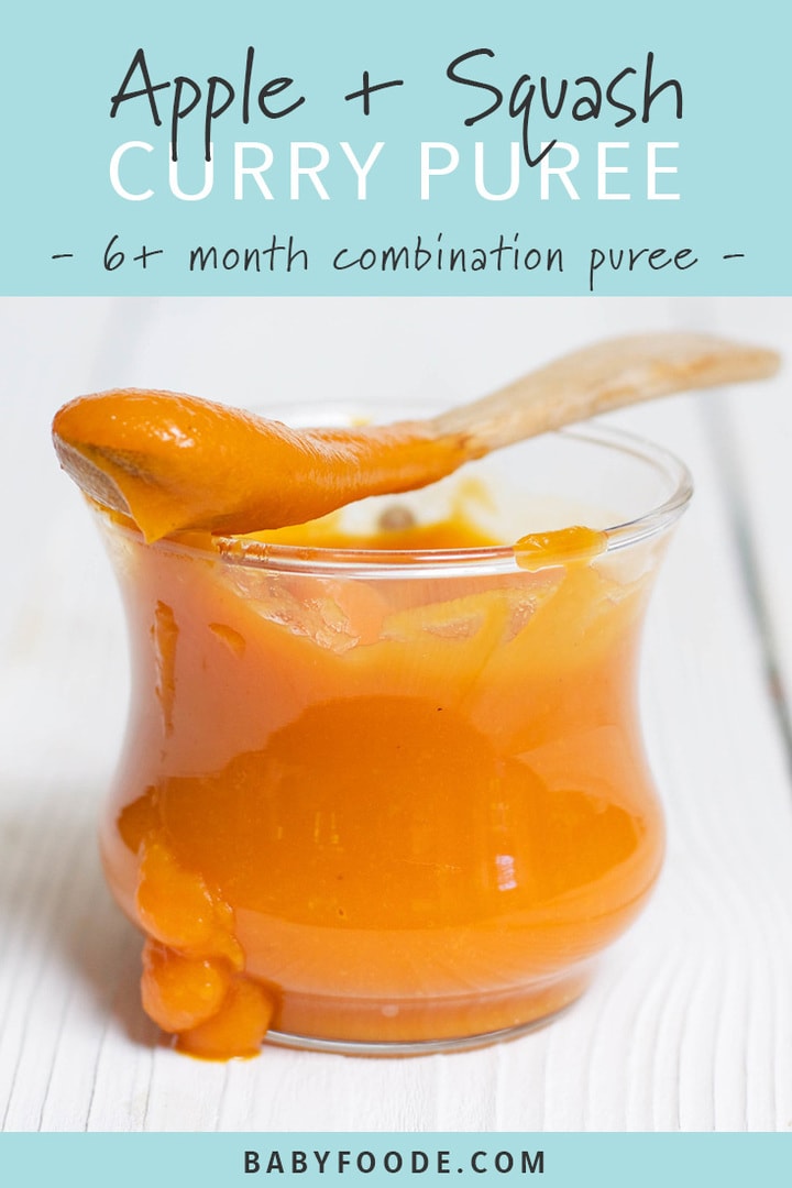 Graphic for post - apple + squash curry puree - 6+ month combination puree with an image of a clear jar filled with smooth baby food puree. 
