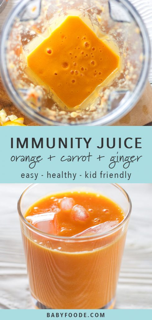 Orange carrot and ginger juice in a blender and in a glass.