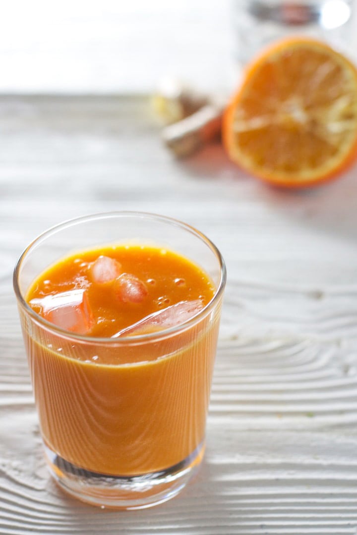 glass of juice with ice.