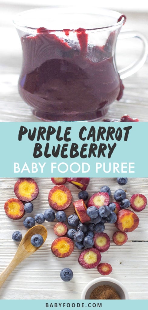 Graphic for post - purple carrot blueberry baby food puree - great for 6 months and up. Images are of a glass cup filled with purple puree and of the produce scattered on a white background.