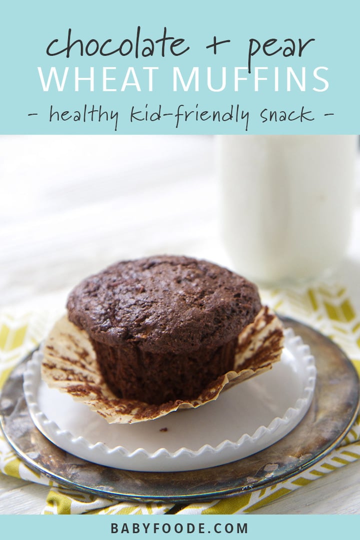 A chocolate pear whole wheat muffin on a white plate.