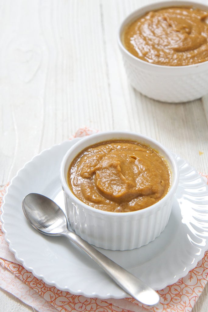 Small white bowl filled with homemade beef puree for baby.