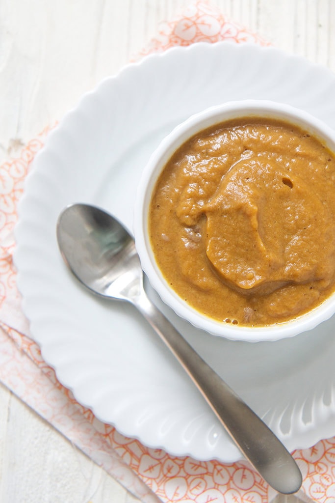 Small white bowl filled with homemade beef puree for baby.