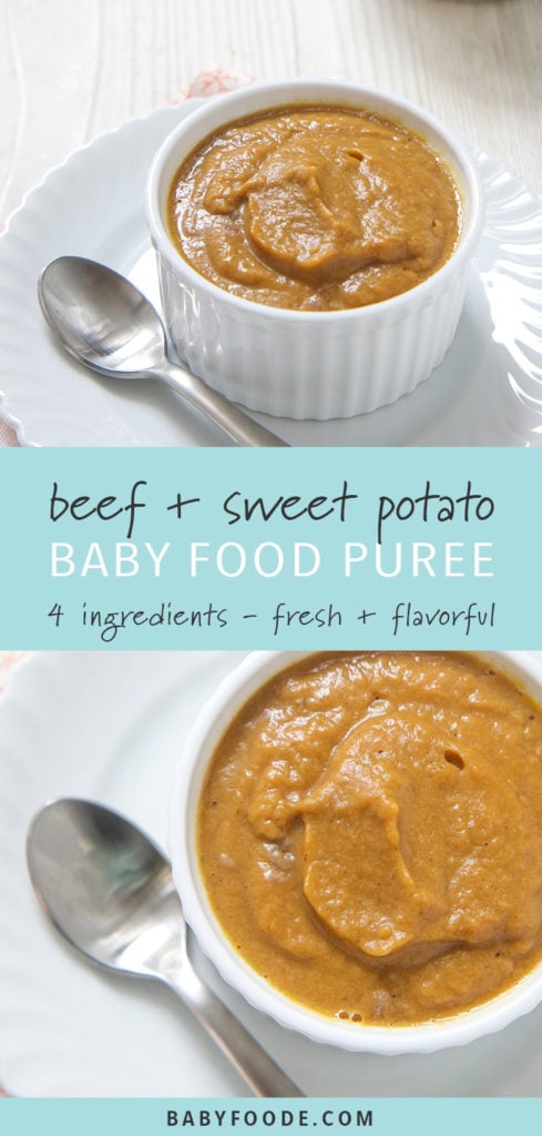 Pinterest image for beef sweet potato baby food puree.
