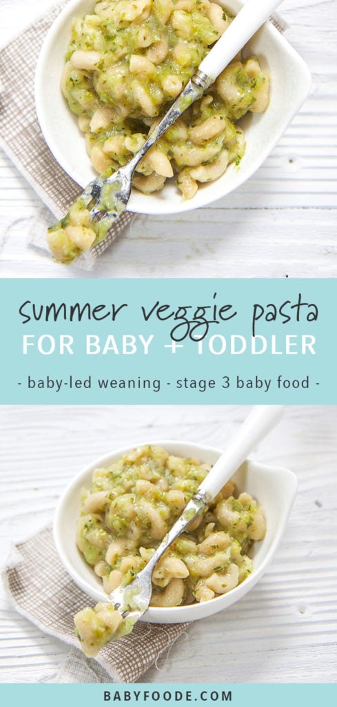Graphic for post- summer veggie pasta for baby and toddler - stage 3 baby food. With images of a small bowl of pasta with green veggie sauce.