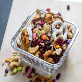 A container of kid-friendly tail mix.