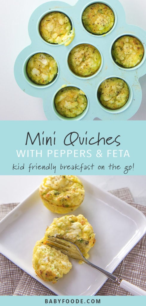 Pinterest image for mini quiche with feta and peppers, a kid friendly breakfast recipe.
