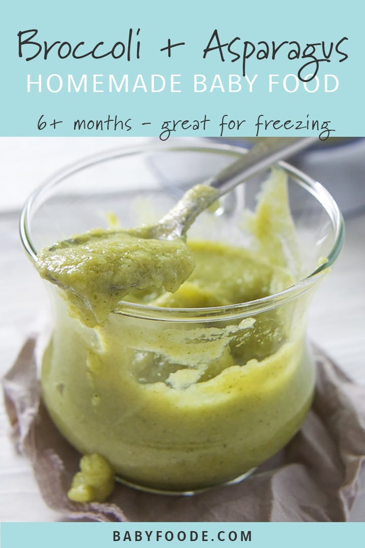 Pinterest image for broccoli asparagus combination puree.