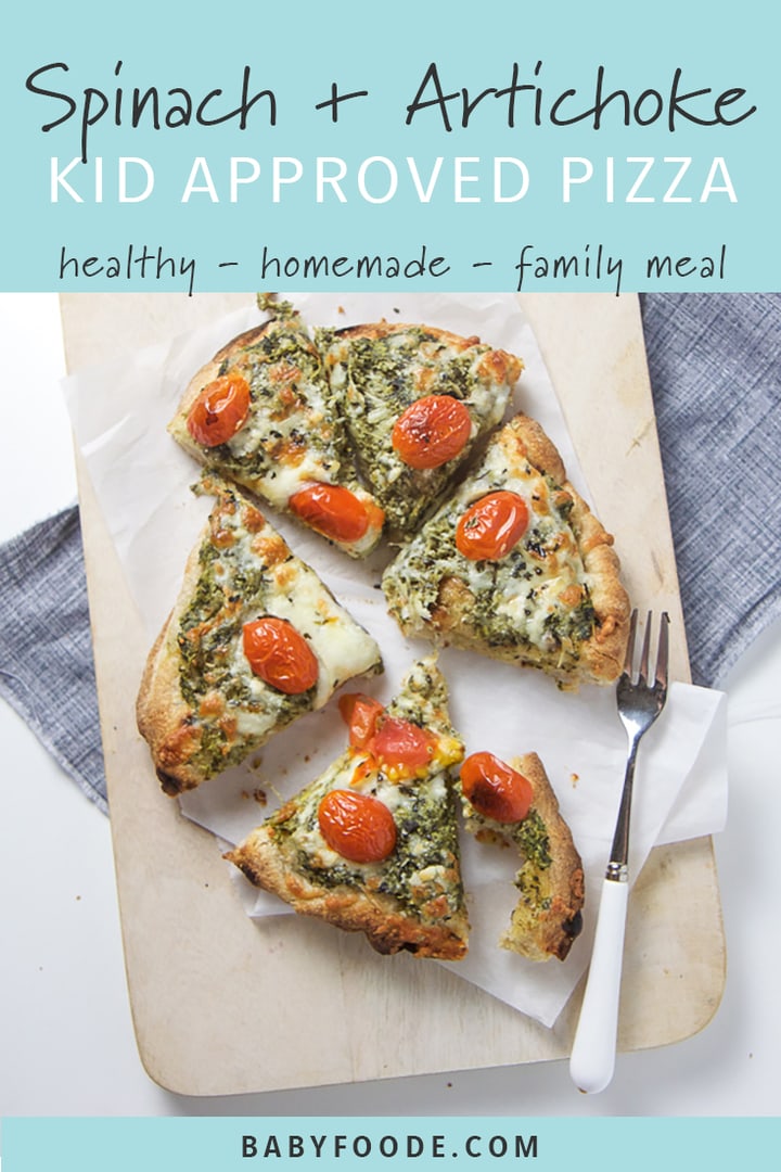 Spinach and artichoke pizza on a cutting board.