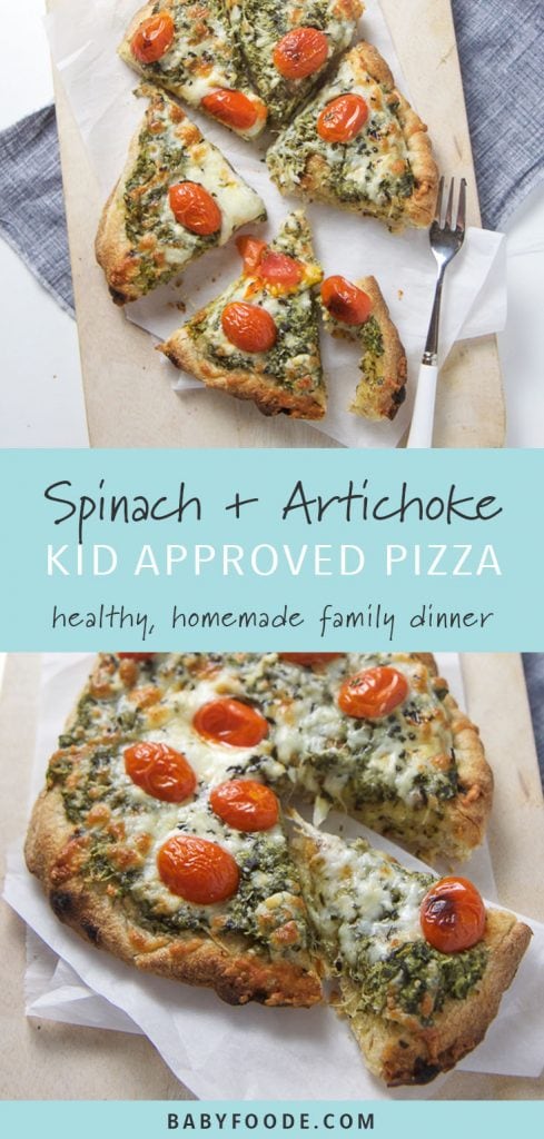 Spinach and artichoke pizza on a cutting board.