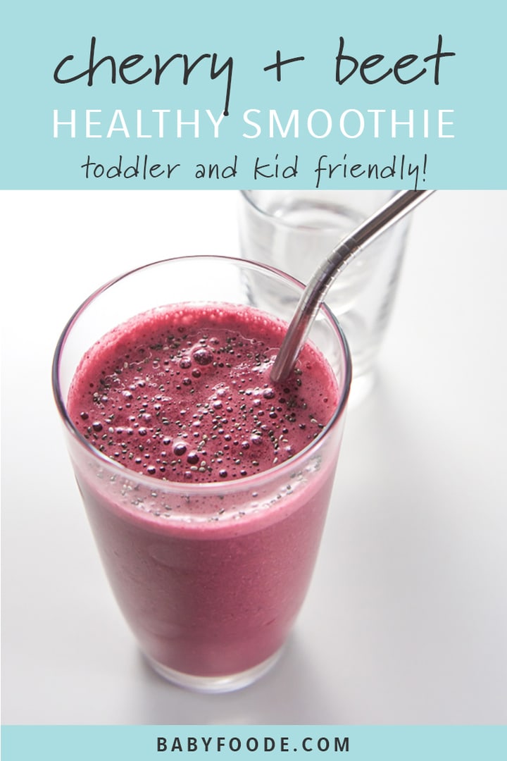 Cherry and beet toddler smoothie in a glass with a metal straw.