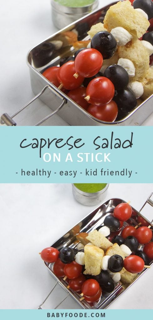 Caprese skewers in a lunch box with a side of basil dipping sauce.