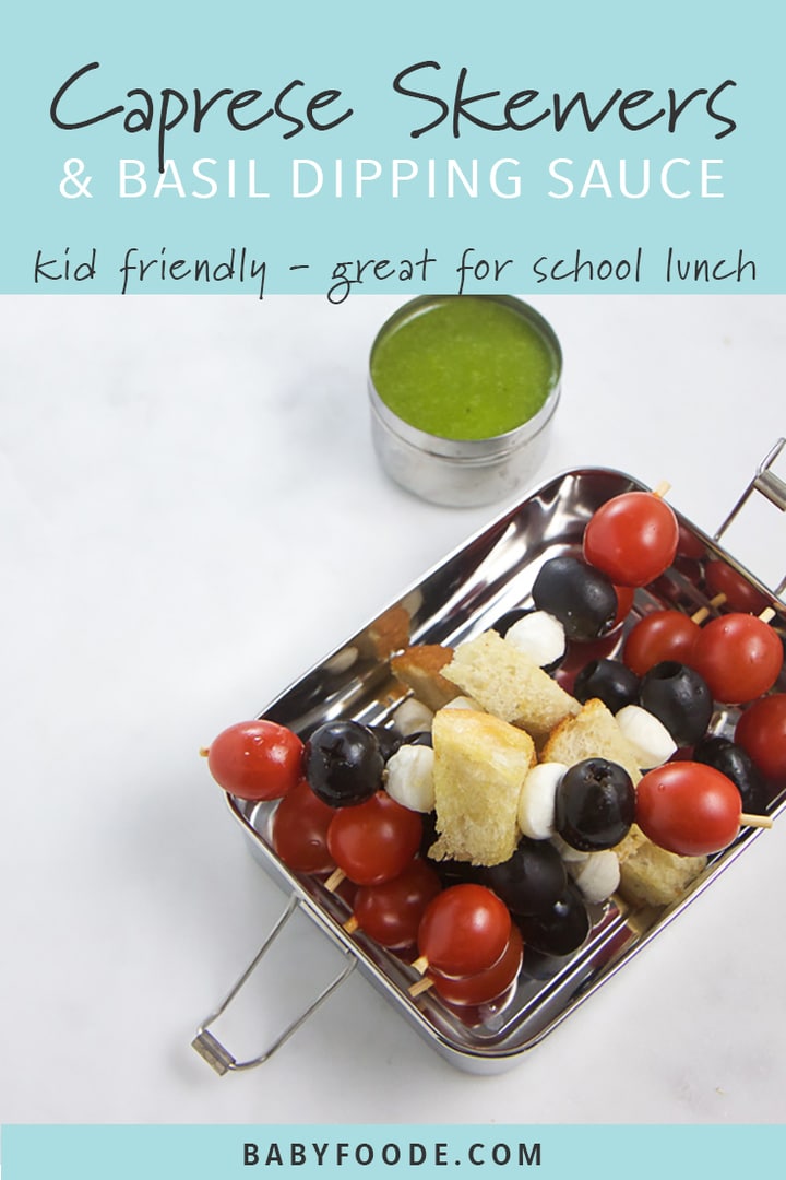 Caprese skewers in a lunch box with a side of basil dipping sauce.