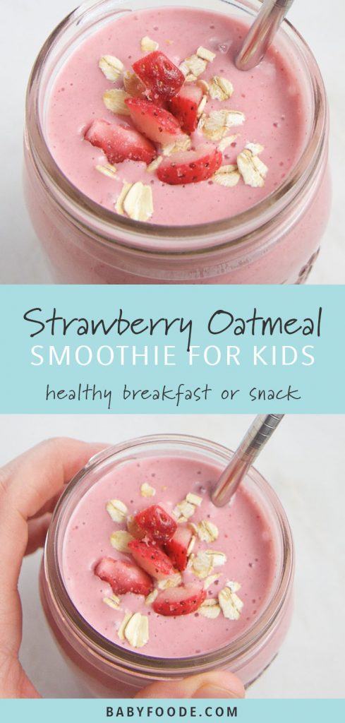 Two images of a healthy and kid friendly smoothie in a glass mason jar.