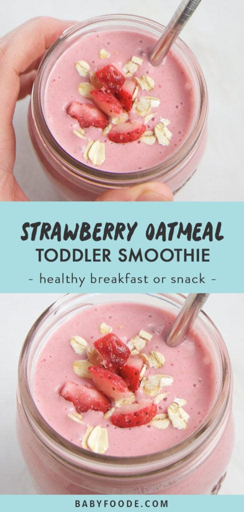Pinterest collage for a kid friendly strawberry oatmeal smoothie.