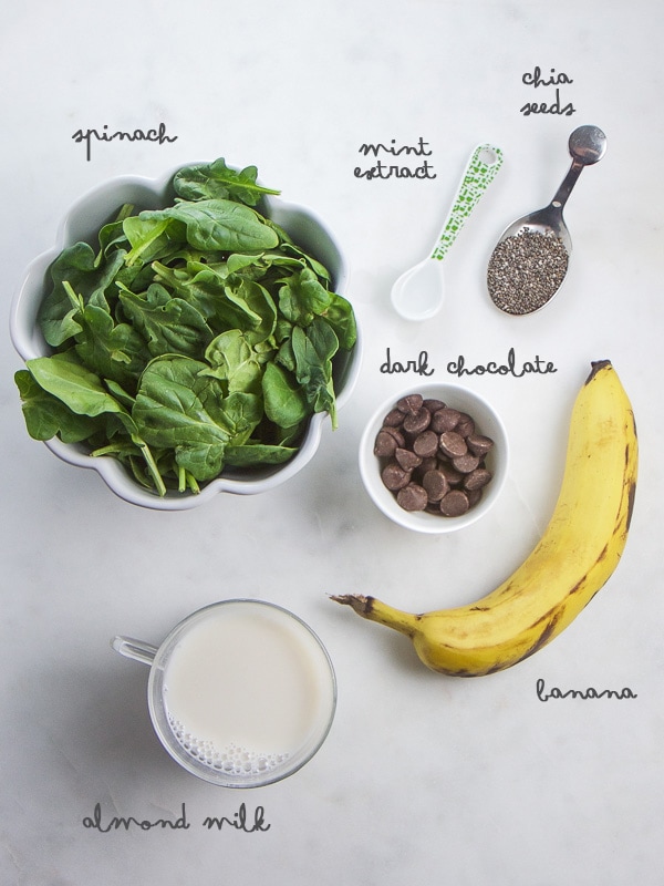 Ingredients for a mint chocolate smoothie arranged on a white background.