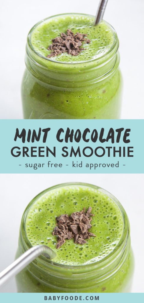 Pinterest collage for mint chocolate smoothie recipe.