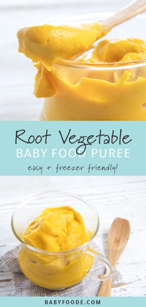 Pinterest image for roasted root vegetable baby food puree.