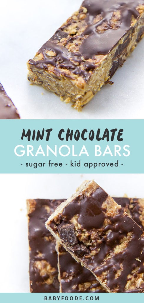 Pinterest image for kid friendly homemade mint chocolate granola bars.