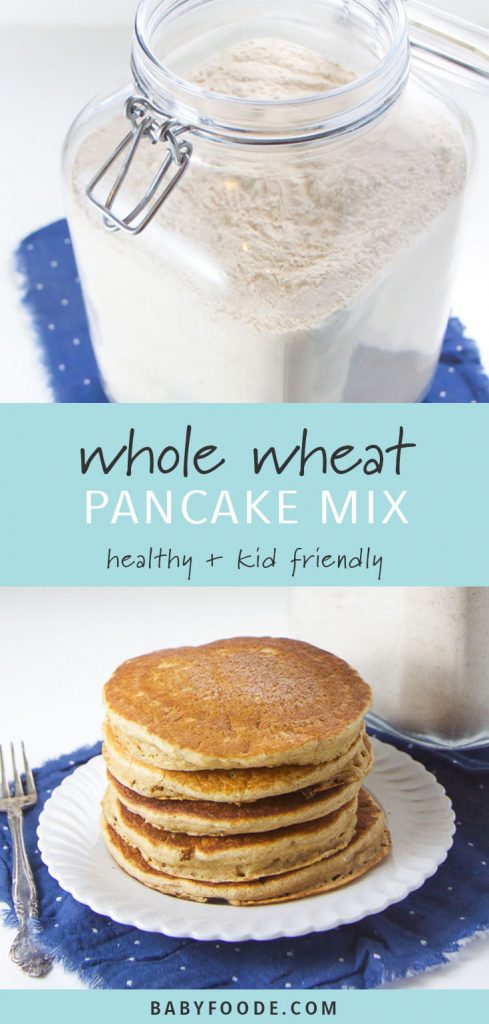 A stack of pancakes made using make-ahead whole wheat pancake mix, and pancake mix in a glass jar.