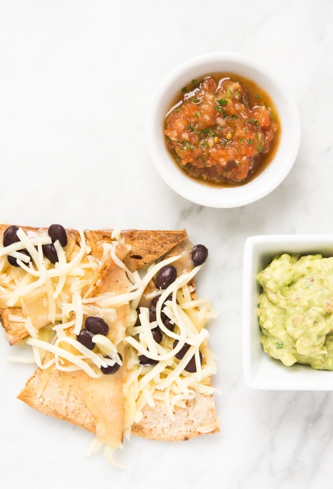 Black bean nachos on marble counter