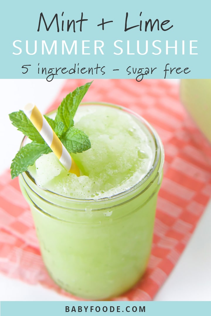 Sugar free mint and lime slushy in a glass cup with a yellow straw.