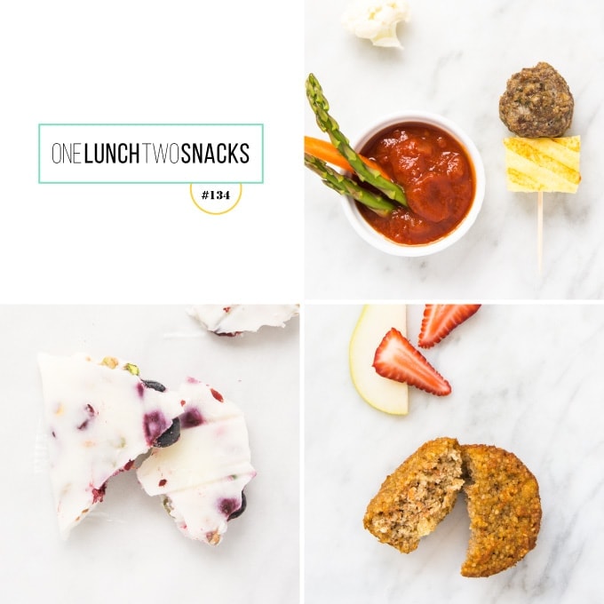 Grid of meals on marble countertops