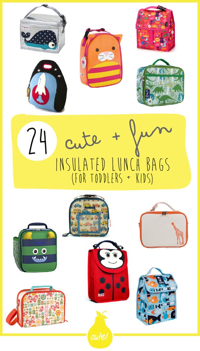 A graphic for the post - 24 insulated school lunch bags with text and a spread of pictures of lunch bags.