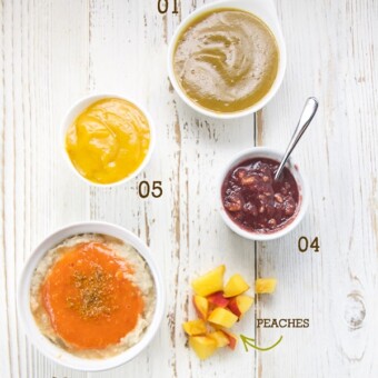 Spread of small white bowls filled with semi-homemade baby food purees.