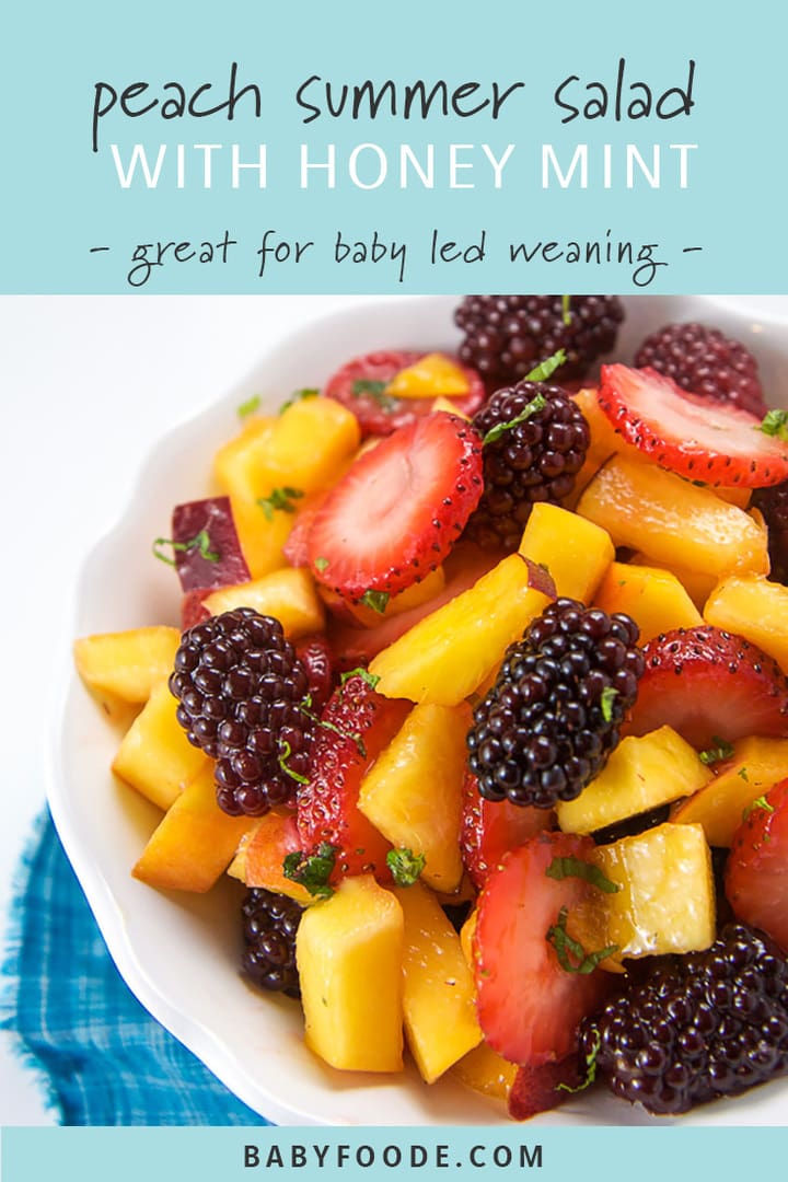 A bowl of peach and berry summer salad for toddlers and baby led weaning.